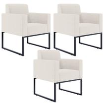 Kit 03 Poltronas Decorativas para Sala e Recepção Base Fixa De Metal Helô L02 Linho Cru - Lyam Decor Kit 03 Poltronas Decorativas para Sala e Recepção Base Fixa De Metal Helô L02 Linho Cru - Lyam Decor