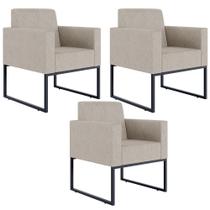 Kit 03 Poltronas Decorativas para Sala Recepção Base Fixa De Metal Helô L02 Linho Bege - Lyam Decor