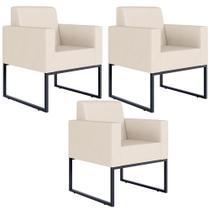 Kit 03 Poltronas Decorativas para Sala Recepção Base Fixa De Metal Helô L02 Suede Bege - Lyam Decor
