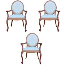 Kit 03 Poltronas Decorativas Sala de Estar Base Madeira Maciça Adrie Sarja Bege/Amêndoa Mel G36 - Gran Belo