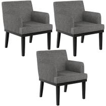 Kit 03 Poltronas Decorativas Sala de Estar Base Preto Beatriz W01 Linho Cinza Escuro - Lyam Decor