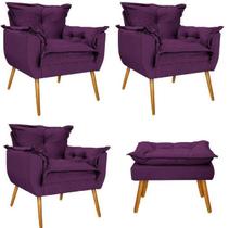 Kit 03 Poltronas e Puff Opala Pés Palito Quarto Sala de Estar Consultório Suede Roxo - Damaffê Móveis Kit 03 Poltronas e Puff Opala Pés Palito Quarto Sala de Estar Consultório Suede Roxo - Damaffê Móveis