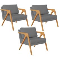 Kit 03 Poltronas Estrutura De Madeira L02 Suede Cinza