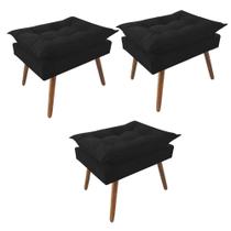 Kit 03 Puff Opala decorativo Pés em Madeira Sala de Estar Recepção Consultório Suede Preto - Damaffê Móveis