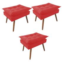 Kit 03 Puff Opala decorativo Pés em Madeira Sala de Estar Recepção Escritório Suede Vermelho - Damaffê Móveis