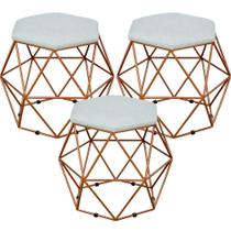 Kit 03 Puffs Decorativo Aramado Bronze Six L02 Linho Cinza - Lyam Decor