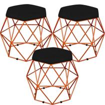 Kit 03 Puffs Decorativo Aramado Bronze Six L02 Suede Preto - Lyam Decor