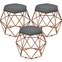 Kit 03 Puffs Decorativo Aramado Bronze Six Linho Chumbo - Lyam Decor Kit 03 Puffs Decorativo Aramado Bronze Six Linho Chumbo - Lyam Decor