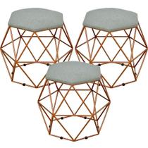 Kit 03 Puffs Decorativo Aramado Bronze Six Linho Cinza Escuro - Lyam Decor