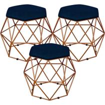 Kit 03 Puffs Decorativo Aramado Bronze Six Suede Azul Marinho - Lyam Decor