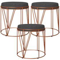Kit 03 Puffs Decorativo Aramado Bronze Zaya L02 Linho Chumbo - Lyam Decor Kit 03 Puffs Decorativo Aramado Bronze Zaya L02 Linho Chumbo - Lyam Decor