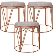 Kit 03 Puffs Decorativo Aramado Bronze Zaya L02 Linho Cinza