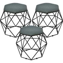 Kit 03 Puffs Decorativo Aramado Preto Six L02 Linho Chumbo - Lyam Decor