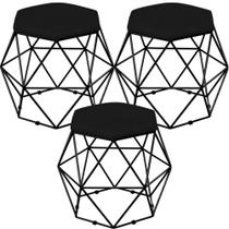 Kit 03 Puffs Decorativo Aramado Preto Six L02 Suede Preto - Lyam Decor