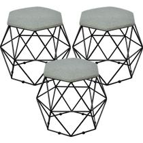 Kit 03 Puffs Decorativo Aramado Preto Six Linho Cinza Escuro - Lyam Decor