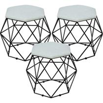 Kit 03 Puffs Decorativo Aramado Preto Six Linho Cinza - Lyam Decor