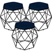 Kit 03 Puffs Decorativo Aramado Preto Six Suede Azul Marinho - Lyam Decor Kit 03 Puffs Decorativo Aramado Preto Six Suede Azul Marinho - Lyam Decor