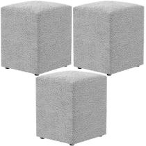 Kit 03 Puffs Quadrado Decorativo L02 Bouclê Cinza - Lyam Decor
