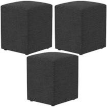 Kit 03 Puffs Quadrado Decorativo L02 Bouclê Preto - Lyam Decor