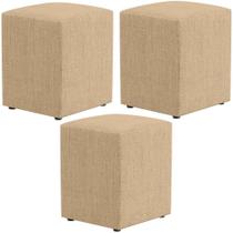 Kit 03 Puffs Quadrado L02 Decorativo Linho Bege Escuro