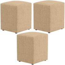 Kit 03 Puffs Quadrado L02 Decorativo Linho Bege Escuro - Lyam Decor