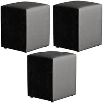 Kit 03 Puffs Quadrado L02 Decorativo Material Sintético Preto Brilho - Lyam Decor