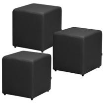 Kit 03 Puffs Quadrado L02 Decorativo Material Sintético Preto - Lyam Decor