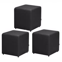 Kit 03 Puffs Quadrado material sintético Preto - Nay Estofados