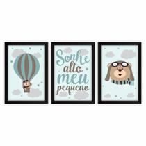 Kit 03 Quadros 30X20 Bebê - Verde Balão - Moldura Preta Kit 03 Quadros 30X20 Bebê - Verde Balão - Moldura Preta