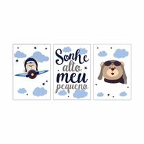 Kit 03 Quadros 30X20 Quarto De Bebê Branco Avião Sem Moldura