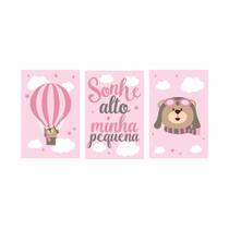 Kit 03 Quadros 30x20 Quarto de Bebê - Rosa - Sem mold.
