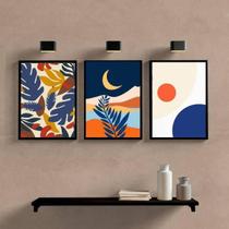 Kit 03 Quadros Decorativos Folhagem E Lua Multicoloridos