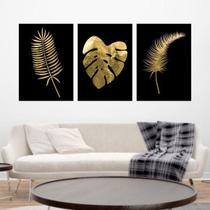 Kit 03 Quadros Decorativos Folhas Tropicais Dourado