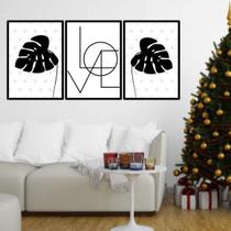 Kit 03 Quadros Decorativos Love Folhas Tropicais Pretas Kit 03 Quadros Decorativos Love Folhas Tropicais Pretas