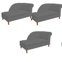 Kit 03 Recamier Decorativa EGEU Pé em Madeira 2 Lugares Sala de Estar Recepção Escritório material sintético Cinza - Damaffê Móveis