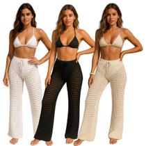Kit 03 Saida De Praia Tendencia Verao Moda Calça Pantalona Tricot Crochê Trico Furadinho