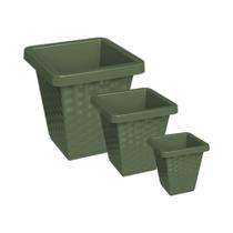 Kit 03 Vasos PMG Rattan Quadrado Vaso Reforçado Para Flores Jardim Decoração 1,100L, 3L e 11L VERDE