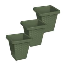 Kit 03 Vasos Rattan Quadrado 14 Litros Vaso Reforçado Para Flores Jardim Decoração - Verde