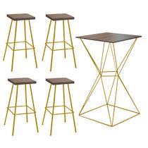 Kit 04 Banqueta Alta Eliza Com 01 Mesa Bistrô Lucca Industrial Ferro Dourado 100% MDF Imbuia - Ahazzo Móveis