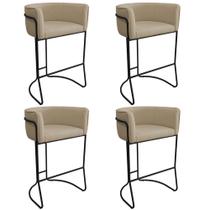 Kit 04 Banquetas Alta com Encosto Betina Base Preto Linho Bege - Nexta Casa Kit 04 Banquetas Alta com Encosto Betina Base Preto Linho Bege - Nexta Casa