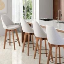 Kit 04 Banquetas Alta Giratória com Encosto Mayra Para Balcão Cozinha Linho Cinza Claro - Aurora Line