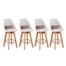 Kit 04 Banquetas Alta Maya Giratória Com Encosto Gourmet Linho Bege e Almofada Sintético Bege - Aurora Line