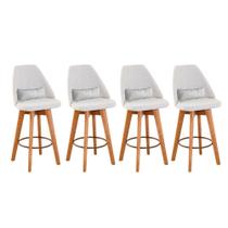 Kit 04 Banquetas Alta Maya Giratória Com Encosto Gourmet Linho Bege e Almofada Suede Branco - Gat Magazine