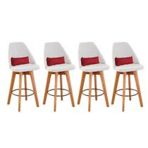 Kit 04 Banquetas Alta Maya Giratória Com Encosto Gourmet Linho Bege e Almofada Suede Vermelho - Aurora Line