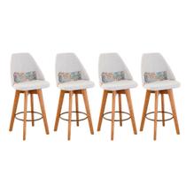 Kit 04 Banquetas Alta Maya Giratória Com Encosto Linho Bege Claro e Almofada Folhas - Gat Magazine