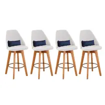 Kit 04 Banquetas Alta Maya Giratória Com Encosto Linho Bege Claro e Almofada material sintético Azul Marinho - Gat Magazine