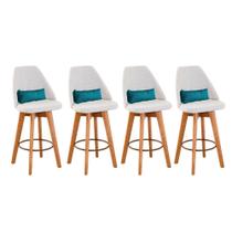 Kit 04 Banquetas Alta Maya Giratória Com Encosto Linho Bege Claro e Almofada Suede Azul Turquesa - Gat Magazine Kit 04 Banquetas Alta Maya Giratória Com Encosto Linho Bege Claro e Almofada Suede Azul Turquesa - Gat Magazine