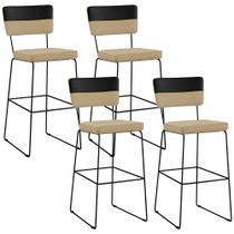 Kit 04 Banquetas Altas Sala De Jantar Allana L02 Faixa Facto Preto Linho Bege Escuro - Lyam Decor Kit 04 Banquetas Altas Sala De Jantar Allana L02 Faixa Facto Preto Linho Bege Escuro - Lyam Decor