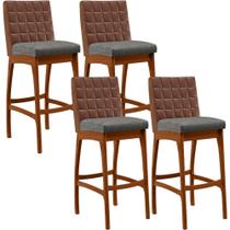 Kit 04 Banquetas Altas Sala Jantar Fixa Mila B04 Corano Marrom Linho Cinza Escuro - Lyam Decor Kit 04 Banquetas Altas Sala Jantar Fixa Mila B04 Corano Marrom Linho Cinza Escuro - Lyam Decor