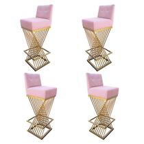 Kit 04 Banquetas Luma Base de Ferro Sued Rosa Bebê - D'Classe Decor